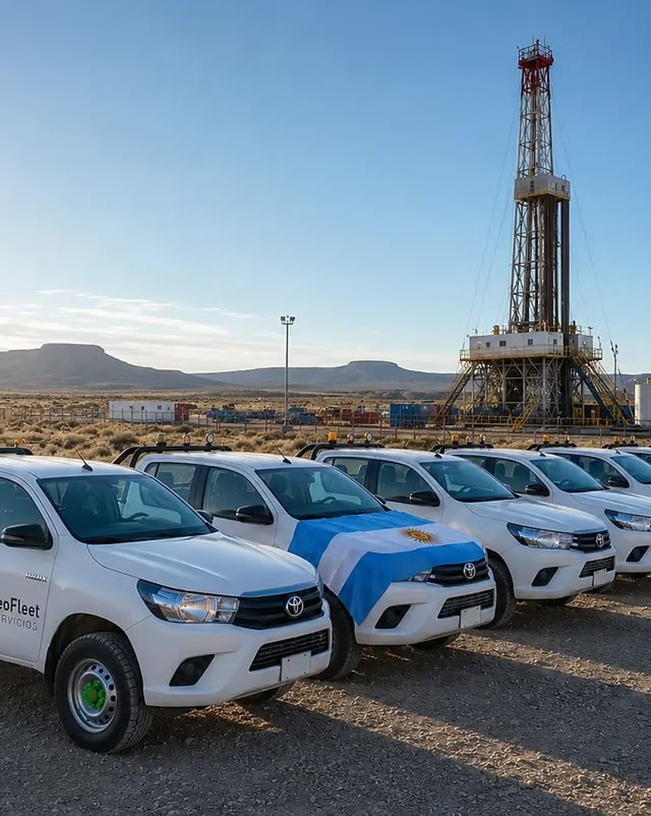 Flota de camionetas 4x4 blancas estacionada frente a un equipo de perforación